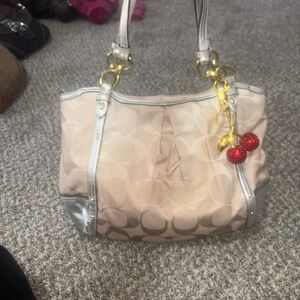 Coach Beige and Silver Tote Bag with silver hardware
